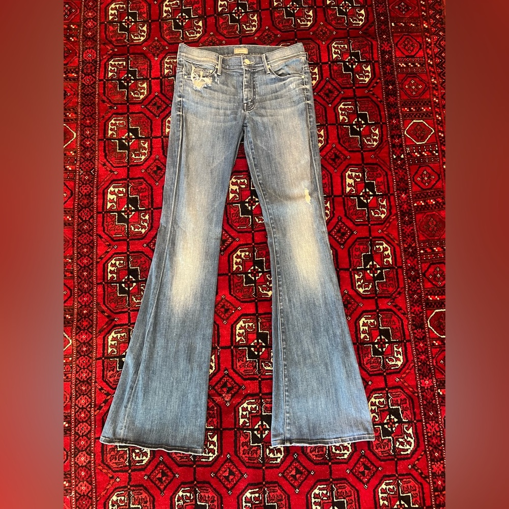 Mother The Cruiser Graffiti Girl Blue Denim Mid-rise Wide Leg Flare Bell…